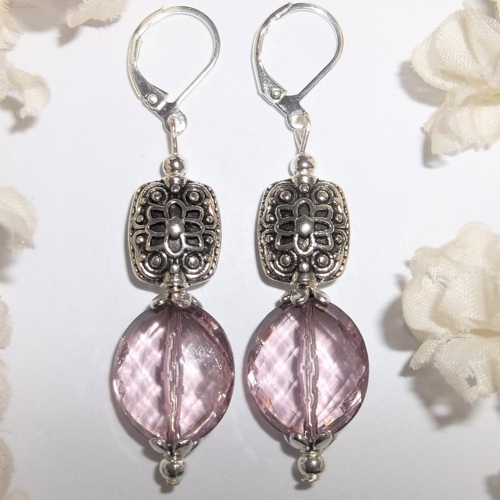 Silver & Purple Beaded Earrings Dangle Jewelry Fashion Accessory Lever Back 6755